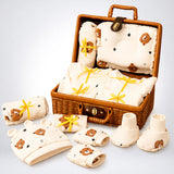 LSB 25 pcs Brown Cute Bear Hamper for Newborn Boy/Girl, All Season wear hamper with luxury designed brown storage cane basket 0-12 months