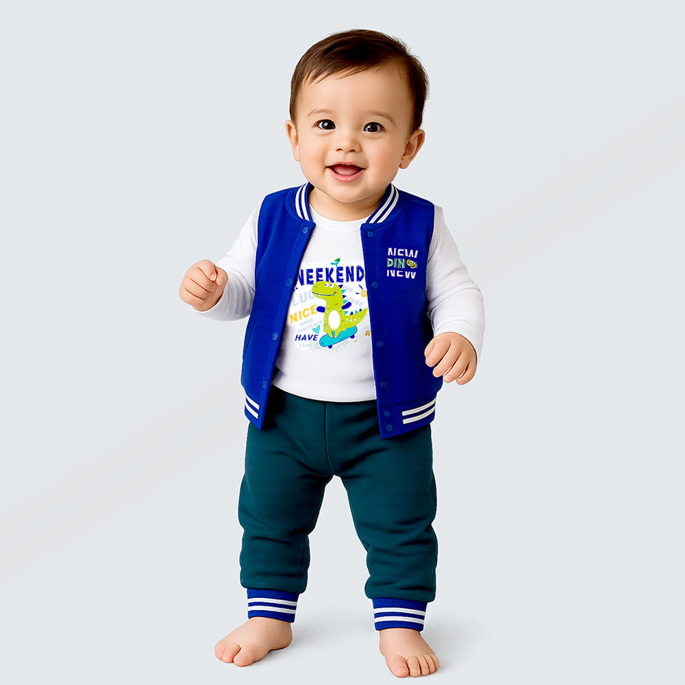 Lsb 3 Pcs Dino Print Blue & Dark Green Sporty Tracks Style Winter Clothing Set For Baby Boy