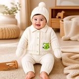 Lsb 5Pcs Green Cat & Ivory Collar,Premium Knitted Winter Head To Bottom Clothing Set For Baby