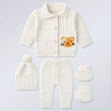 Lsb 5 Pcs Orange Cat & Ivory Collar,Premium Knitted Winter Head To Bottom Clothing Set For Baby