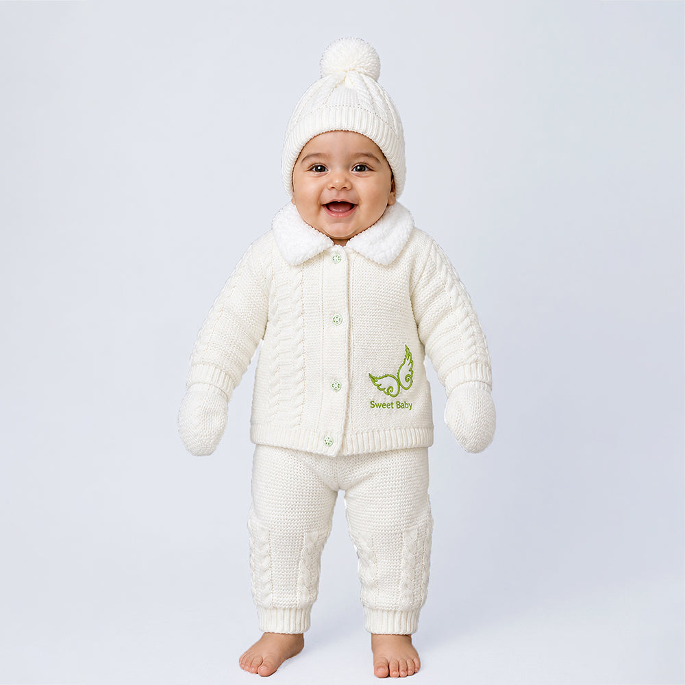 Lsb 5 Pcs Green Wings & Ivory Soft Collar,Premium Knitted Winter Head To Bottom Clothing Set For Baby