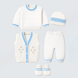 Lsb 6 Pcs Flower Blue & Ivory Premium Knitted Winter Head To Bottom Clothing Set For Baby