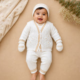 Lsb 6 Pcs Flower Brown & Ivory Premium Knitted Winter Head To Bottom Clothing Set For Baby