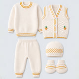 Lsb 6 Pcs Grape Brown & Ivory Premium Knitted Winter Head To Bottom Clothing Set For Baby
