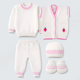 Lsb 6Pcs Grape Pink & Ivory Premium Knitted Winter Clothing Set For Baby