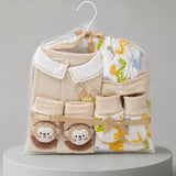 LSB 9 Pcs Beige Animals print Newborn Baby All Season Wear, Net Gift Hamper set, 0-6 months