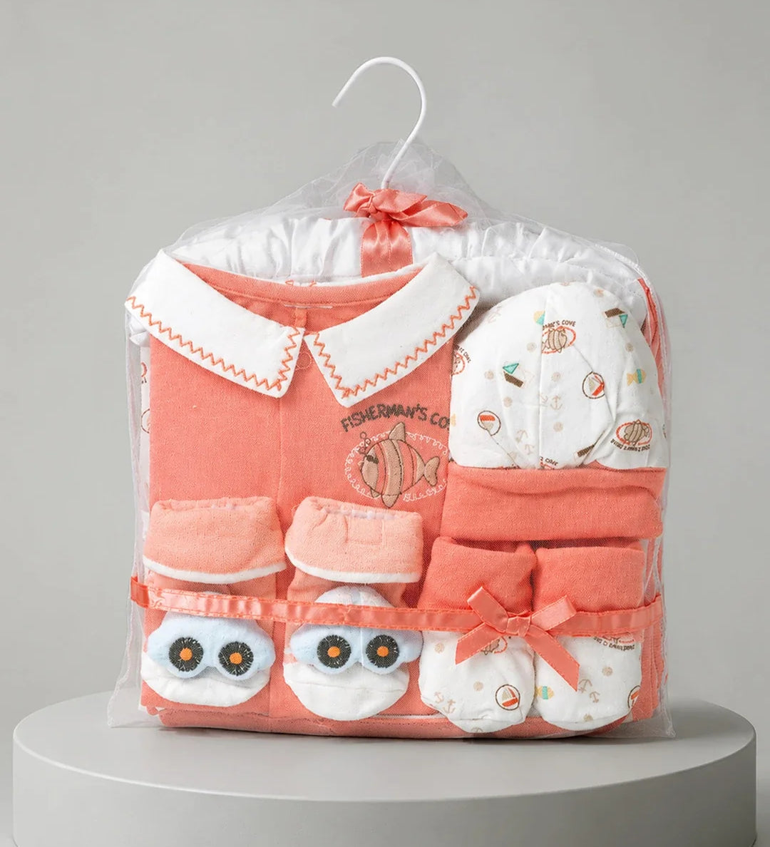 LSB 9 Pcs Peach Fishy Print Newborn Baby All Season Wear, Net Gift Hamper set, 0-6 months