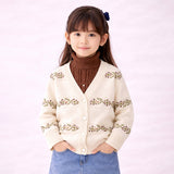 Cream & Brown Leaf Pattern High-Neck Cardigan, Winter Cardigan Sweater for Kids