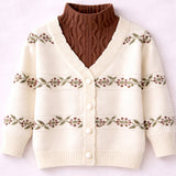 Cream & Brown Leaf Pattern High-Neck Cardigan, Winter Cardigan Sweater for Kids