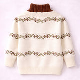 Cream & Brown Leaf Pattern High-Neck Cardigan, Winter Cardigan Sweater for Kids