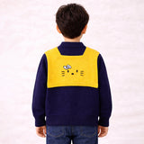 Navy & Yellow Cat Design Cardigan with Muffler, Winter Cardigan Sweater for Kids