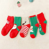 LSB Red & Green Christmas Ankle Length Socks For Kids-Set Of 5 Pcs