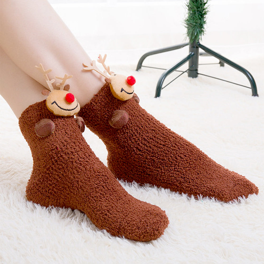 LSB Dark Brown Reindeer -Xmas Tree Theme Woolen Christmas Socks For Kids
