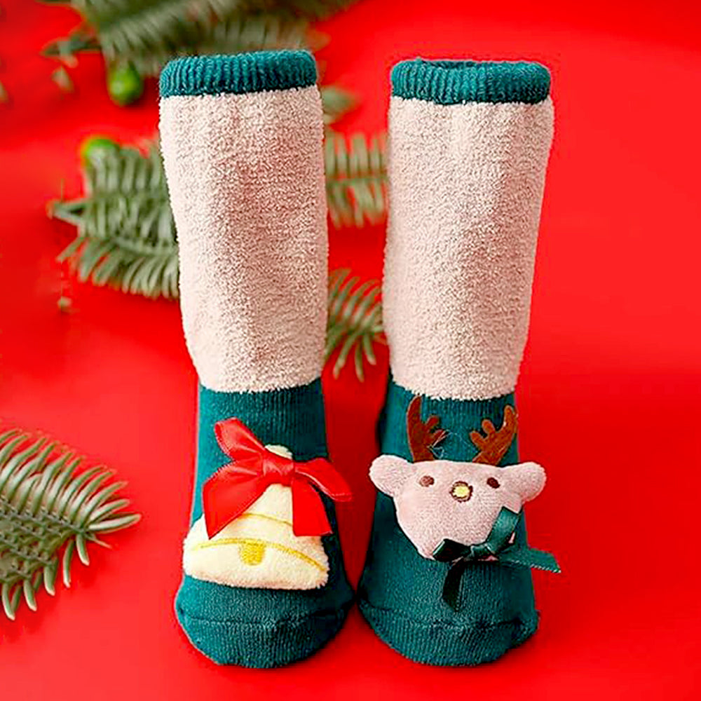 LSB Green Reindeer & Bell Christmas Themed Ankle Length Socks For Kids