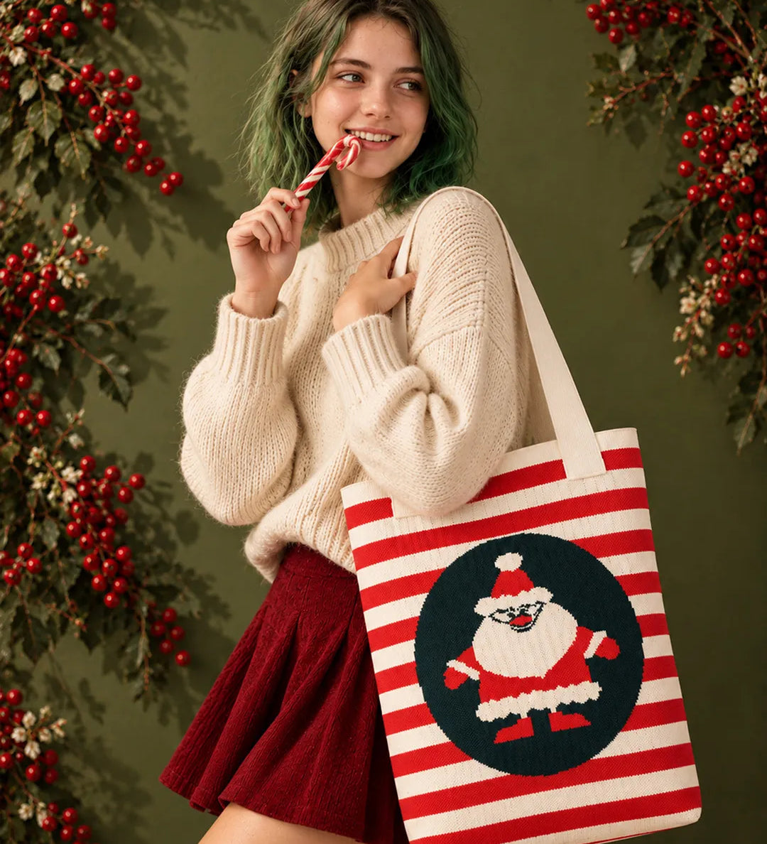 LSB Red & Cream Striped Santa, Woven Christmas Tote Bag