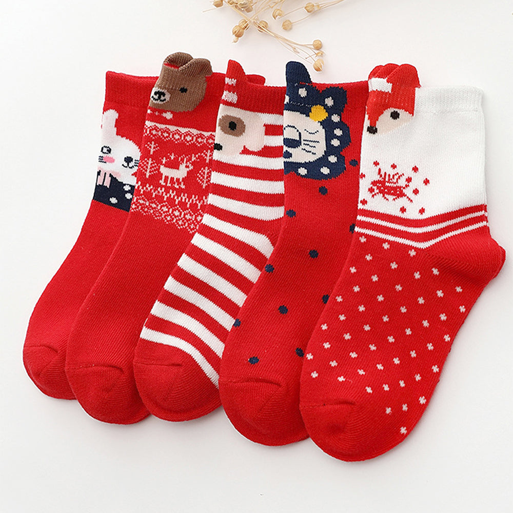 LSB Red White Themed Christmas Ankle Socks For Kids-Set Of 5 Pcs