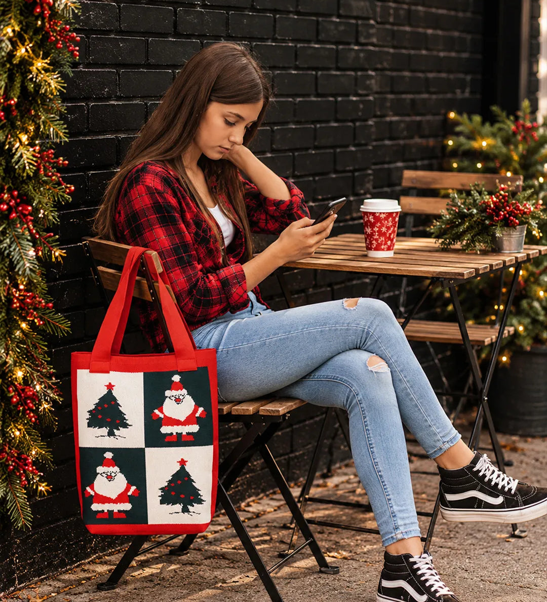 LSB Red Santa & Tree, Woven Christmas Tote Bag
