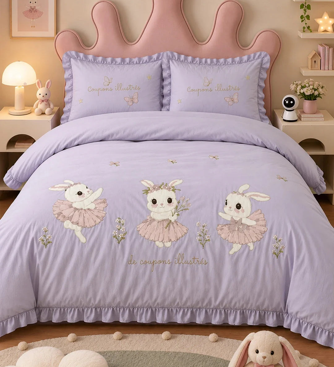 LSB 4 pcs Tutu Skirt Dance Rabbit theme, Luxe Embroidered collection of Double Bed Comforter, flat bedsheet, 2 pillow covers entire Bedding Set for King Size Bed.