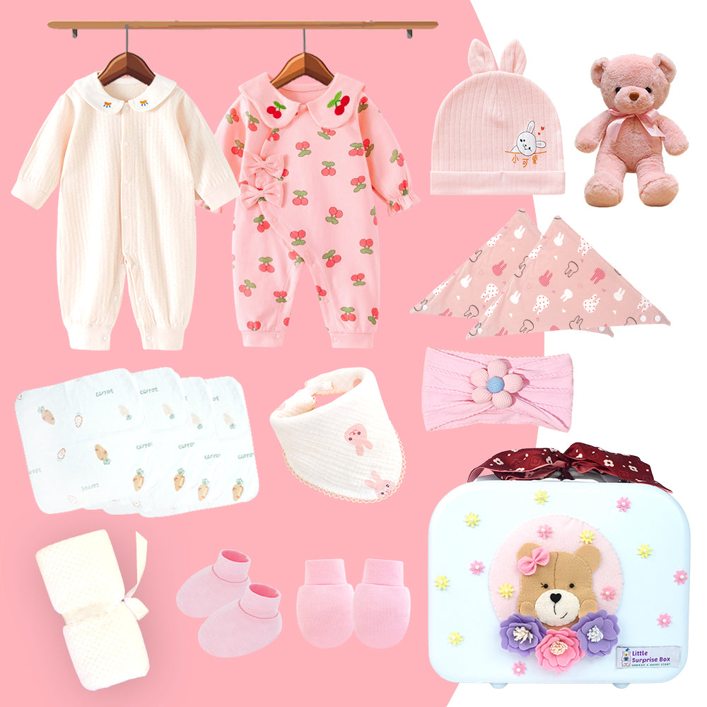LSB 18 pcs Baby Pink Teddy Birthday Gift Hamper set for Baby Girl with travelling Suitcase,