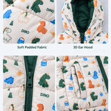 LSB Cream & Green Baby Dino Quilted Hooded Winter Jacket for Kids