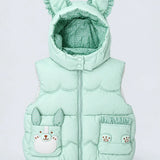 LSB Green Bunny-Themed Quilted Hooded Sleeveless Winter Jacket for Kids