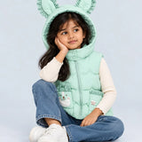 LSB Green Bunny-Themed Quilted Hooded Sleeveless Winter Jacket for Kids