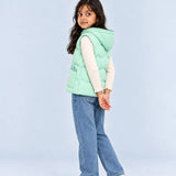 LSB Green Bunny-Themed Quilted Hooded Sleeveless Winter Jacket for Kids