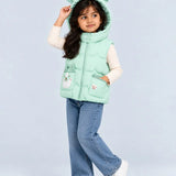 LSB Green Bunny-Themed Quilted Hooded Sleeveless Winter Jacket for Kids