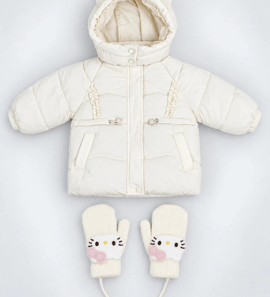 LSB Ivory Cat Glitter Quilted Hooded Winter Jacket with Mittens for Kids