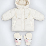 LSB Ivory Cat Glitter Quilted Hooded Winter Jacket with Mittens for Kids