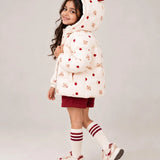 LSB Cream & Maroon Heart Teddy Quilted Hooded Winter Jacket for Kids