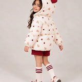LSB Cream & Maroon Heart Teddy Quilted Hooded Winter Jacket for Kids