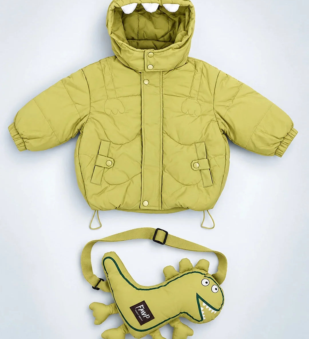 LSB Olive Green Dino-Themed Quilted Hooded Winter Jacket for Kids