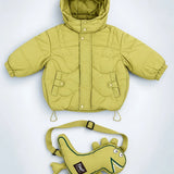 LSB Olive Green Dino-Themed Quilted Hooded Winter Jacket for Kids