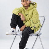 LSB Olive Green Dino-Themed Quilted Hooded Winter Jacket for Kids