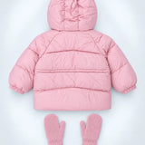 LSB Pink Cat Glitter Quilted Hooded Winter Jacket with Mittens for Kids