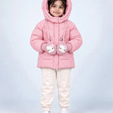 LSB Pink Cat Glitter Quilted Hooded Winter Jacket with Mittens for Kids
