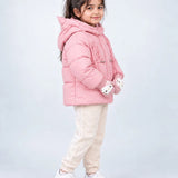 LSB Pink Cat Glitter Quilted Hooded Winter Jacket with Mittens for Kids