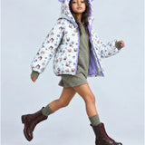 LSB Cream & Purple Happy Girl Quilted Hooded Winter Jacket for Kids