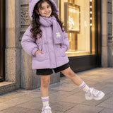 LSB Purple Cat Glitter Quilted Hooded Winter Jacket with Muffler for Kids