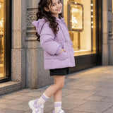 LSB Purple Cat Glitter Quilted Hooded Winter Jacket with Muffler for Kids