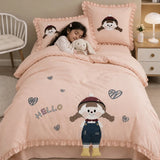 LSB 4 pcs Little Girl Theme Luxe Embroidered & 3D hanging collection of Single bed comforter, 1 flat bedsheet, 2 pillow covers entire Bedding Set for Single Size Bed.