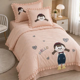 LSB 4 pcs Little Girl Theme Luxe Embroidered & 3D hanging collection of Single bed comforter, 1 flat bedsheet, 2 pillow covers entire Bedding Set for Single Size Bed.