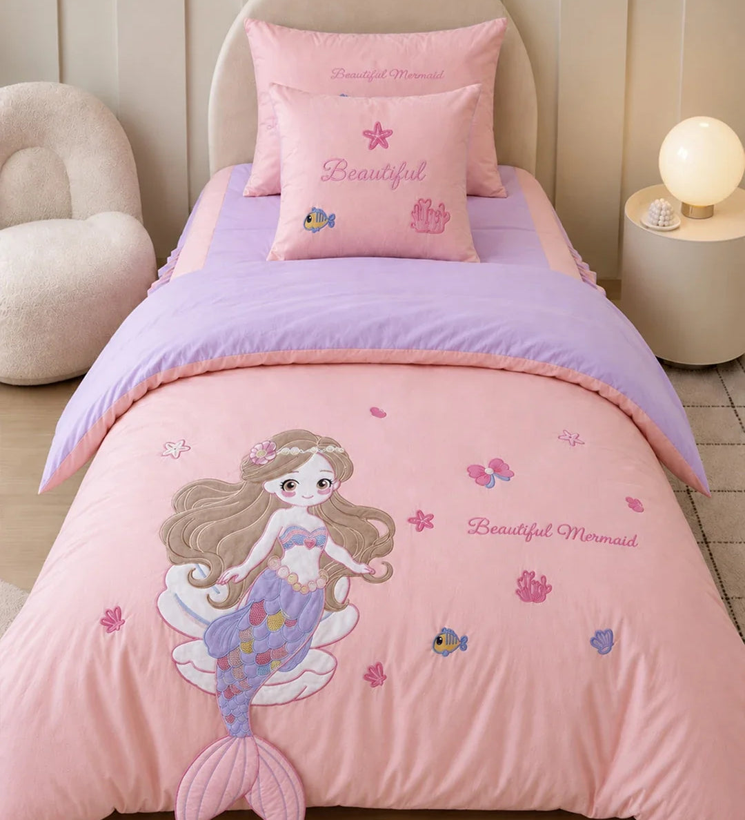 LSB 4 pcs Beautiful Mermaid Princess Theme Luxe Embroidered & 3D hanging collection of Single bed comforter, 1 flat bedsheet, 2 pillow covers entire Bedding Set for Single Size Bed.