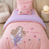 LSB 4 pcs Beautiful Mermaid Princess Theme Luxe Embroidered & 3D hanging collection of Single bed comforter, 1 flat bedsheet, 2 pillow covers entire Bedding Set for Single Size Bed.