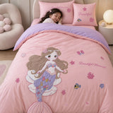 LSB 4 pcs Beautiful Mermaid Princess Theme Luxe Embroidered & 3D hanging collection of Single bed comforter, 1 flat bedsheet, 2 pillow covers entire Bedding Set for Single Size Bed.