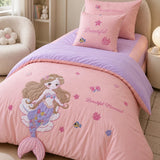 LSB 4 pcs Beautiful Mermaid Princess Theme Luxe Embroidered & 3D hanging collection of Single bed comforter, 1 flat bedsheet, 2 pillow covers entire Bedding Set for Single Size Bed.