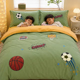LSB 4 pcs Olive Sports Goal theme, Luxe Embroidered collection of Double Bed Comforter, flat bedsheet, 2 pillow covers Bedding Set for King Size Bed.
