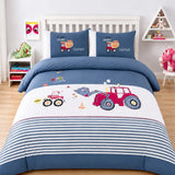 LSB 4 pcs Red Tractor theme, Luxe Embroidered collection of Double Bed Comforter, flat bedsheet, 2 pillow covers entire Bedding Set for King Size Bed.