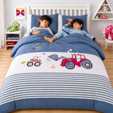 LSB 4 pcs Red Tractor theme, Luxe Embroidered collection of Double Bed Comforter, flat bedsheet, 2 pillow covers entire Bedding Set for King Size Bed.
